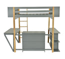 Full Size Wood Loft Bed With Built-in Storage Cabinet and Cubes, Foldable desk, Gray