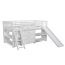 Low Loft Bed with Attached Bookcases and Separate 3-tier Drawers,Convertible Ladder and Slide,Twin,White