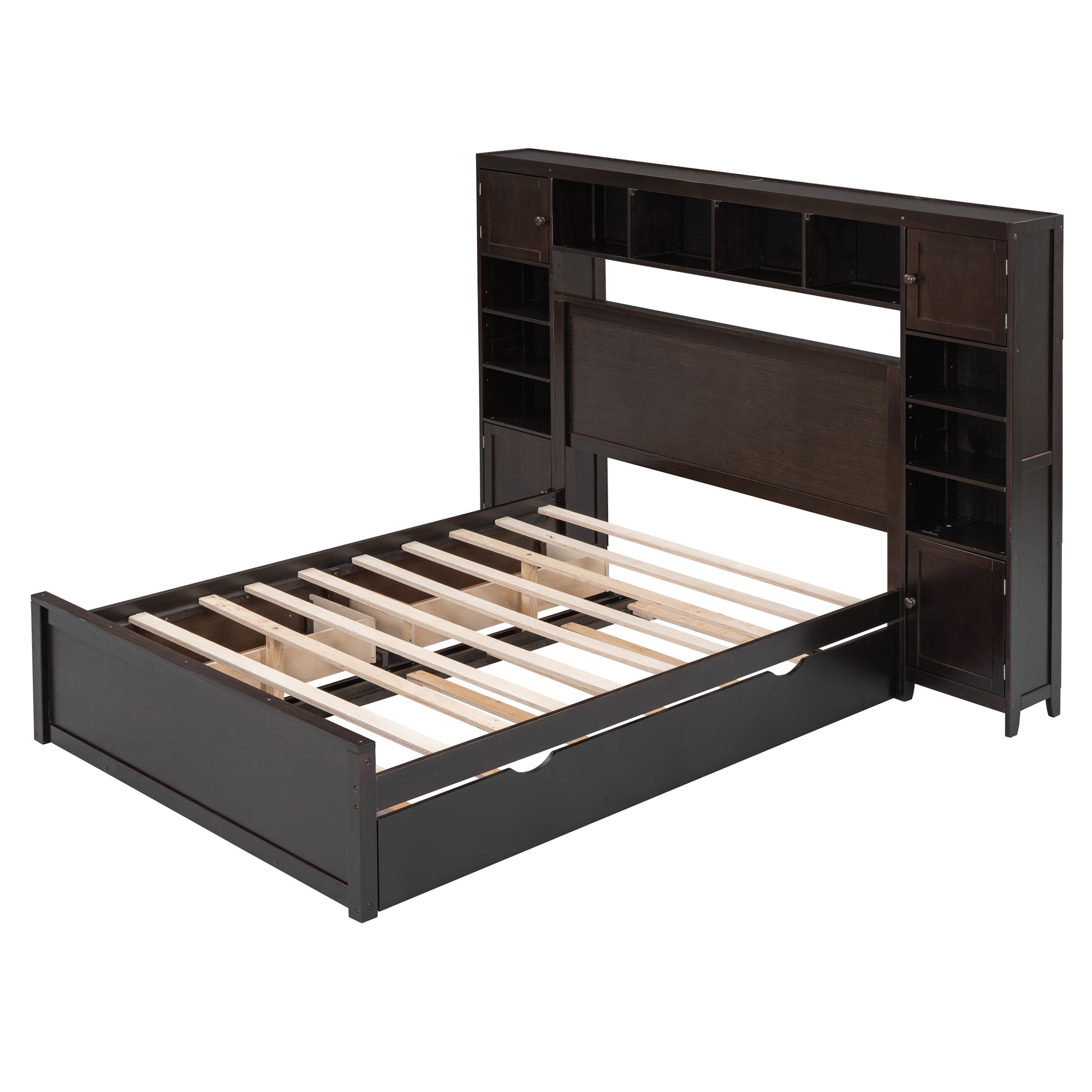 Full Size Wooden Bed With All-in-One Cabinet, Shelf and Sockets, Espresso - Atlantic Fine Furniture Melbourne FL