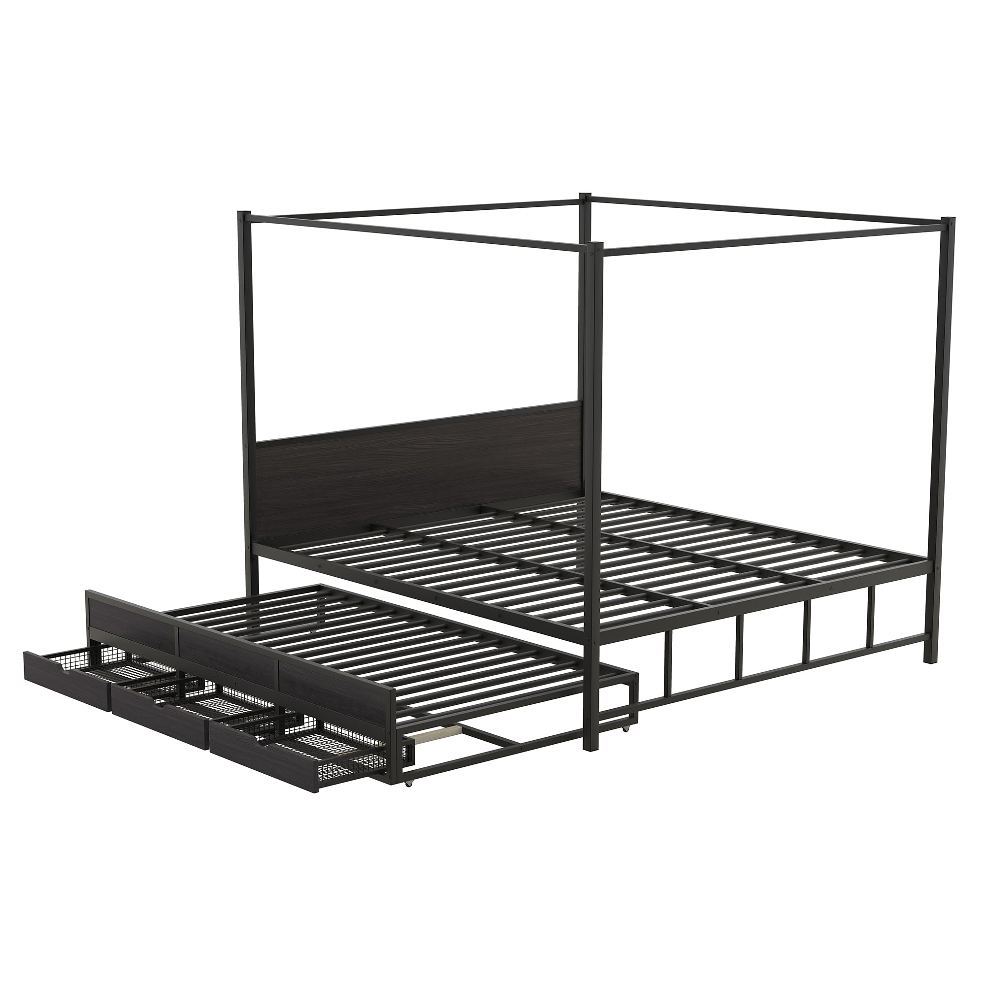 Queen Size Metal Canopy Platform Bed with Twin Size Trundle and 3 Storage Drawers, Black - Atlantic Fine Furniture Melbourne FL