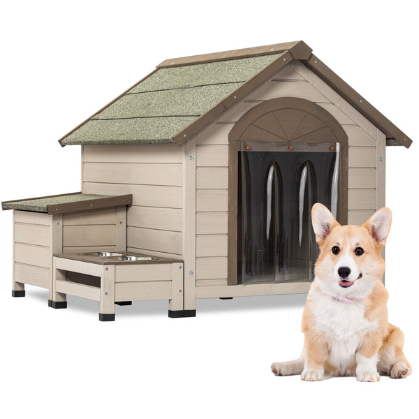 Outdoor Fir Wood Dog House With An Open Roof Ideal For Small To Medium Dogs, With Storage Box, Elevated Feeding Station With 2 Bowls. Weatherproof Asphalt Roof And Treated Wood - Cream