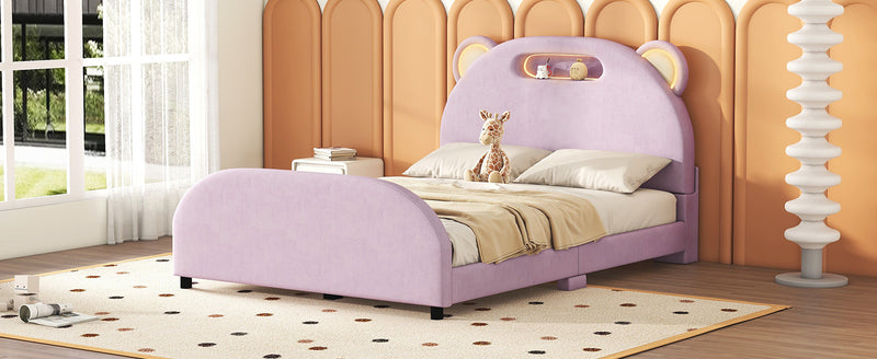 Full Size Upholstered Platform Bed with Bear-Shaped Headboard and Embedded Light Stripe, Velvet, Pink