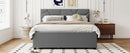 Queen Size Upholstered Platform Bed with Brick Pattern Headboard, with Twin XL Size Trundle and 2 drawers, Linen Fabric, Gray
