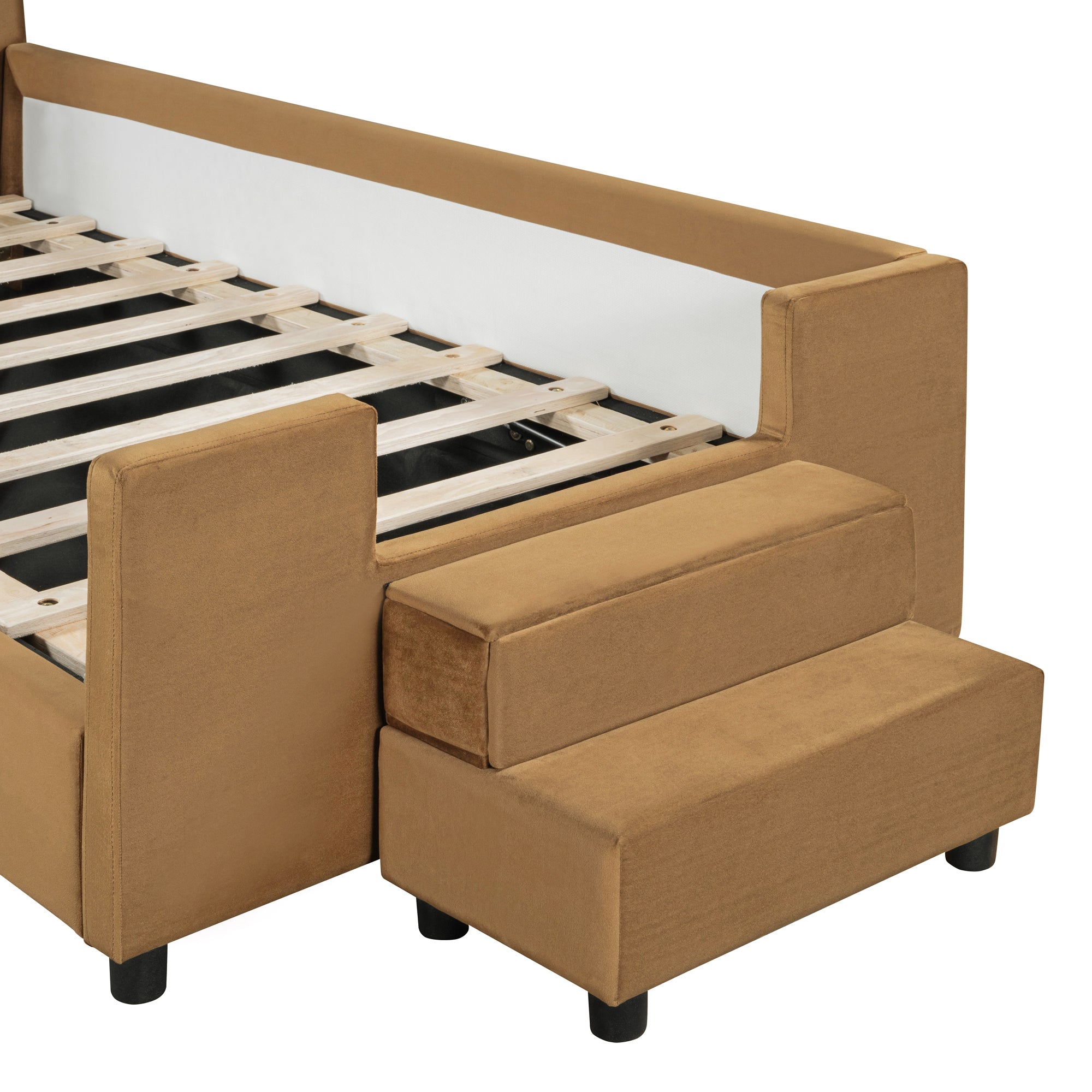 Twin Size Upholstered Daybed with Bear Shaped Headboard, Hydraulic System and Breathable Mesh Fence, Brown - Atlantic Fine Furniture Melbourne FL