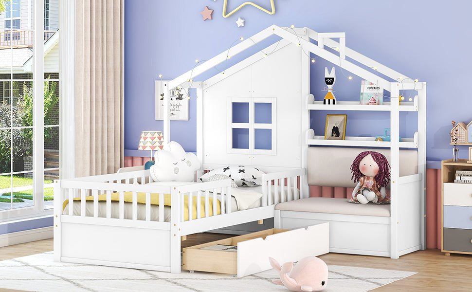 Twin Size House Bed with Sofa, Kids Platform Bed with Two Drawers and Storage Shelf, White - Atlantic Fine Furniture Melbourne FL