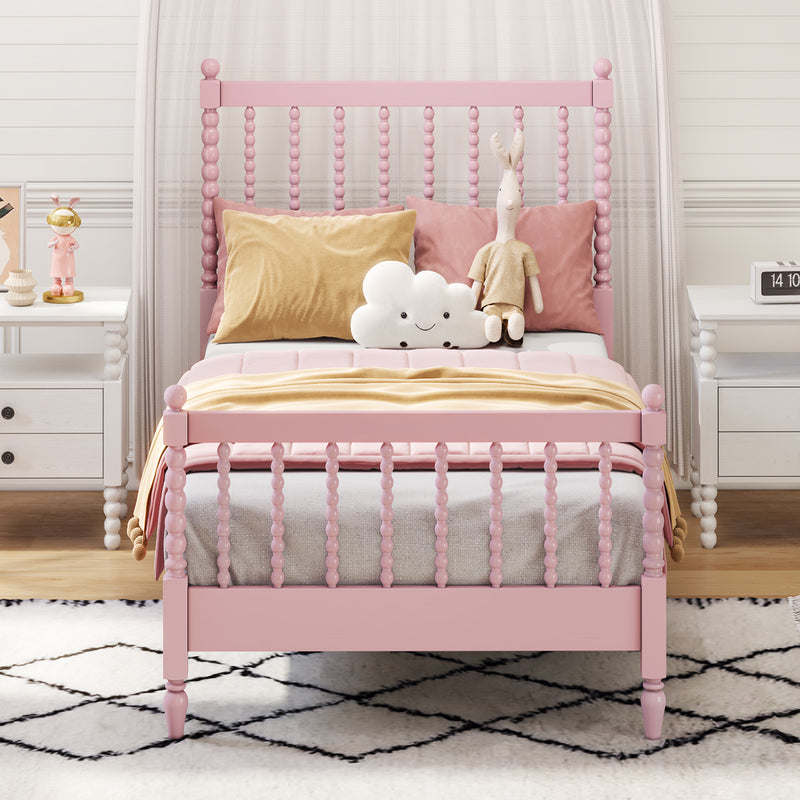 Twin Size Wood Platform Bed with Gourd Shaped Headboard and Footboard, Pink