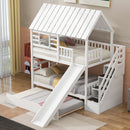 House Bunk Bed With Trundle, Storage Staircase, Roof And Window Design