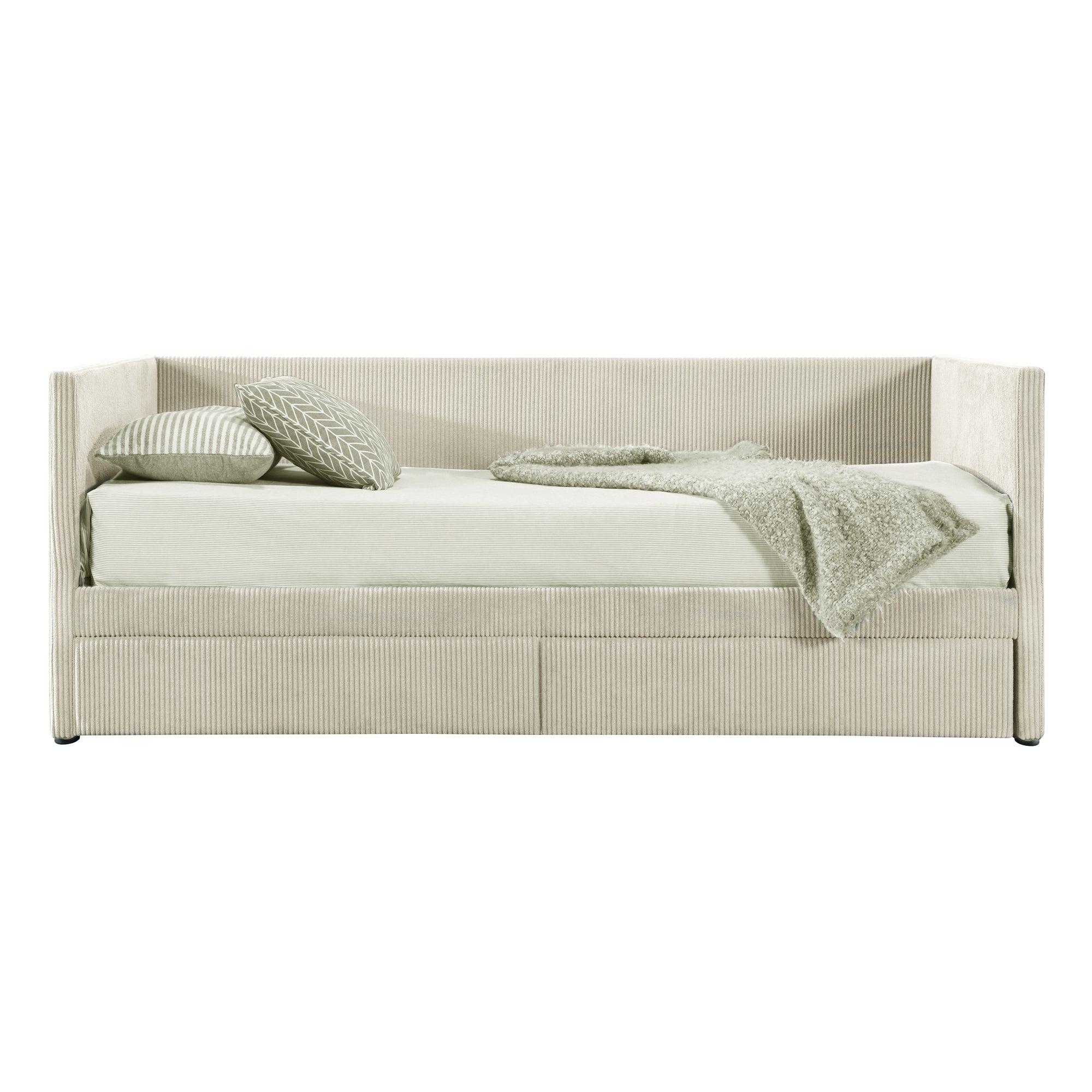 Twin Size Corduroy Daybed with Two Drawers and Wood Slat, Beige - Atlantic Fine Furniture Melbourne FL