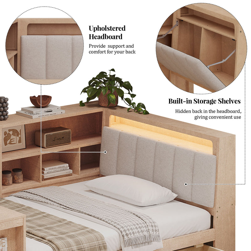 L Shaped Daybed With Desk, Bookcase, Upholstered Headboard, Drawers, And LED Light