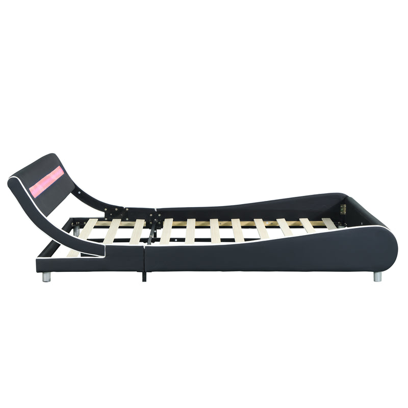 Faux Leather Upholstered Platform Bed Frame with led lighting , Curve Design, Wood Slat Support, No Box Spring Needed, Easy Assemble, Queen Size, Black and White