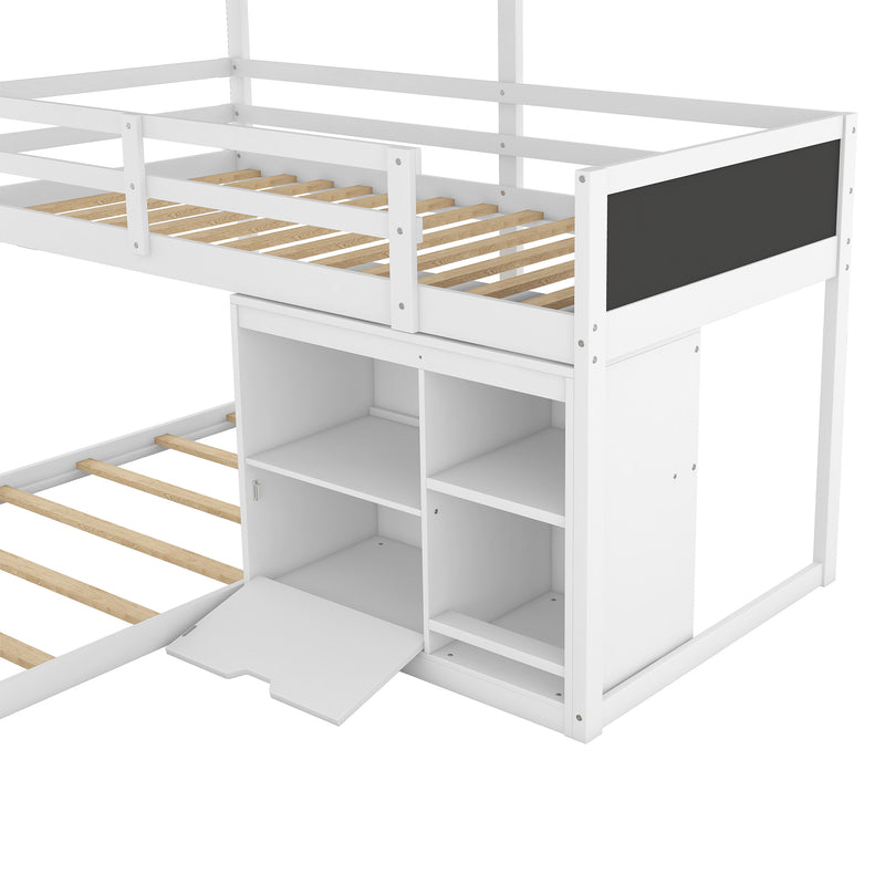 L-shaped Wood Triple Twin Size Bunk Bed with Storage Cabinet and Blackboard, Ladder, White
