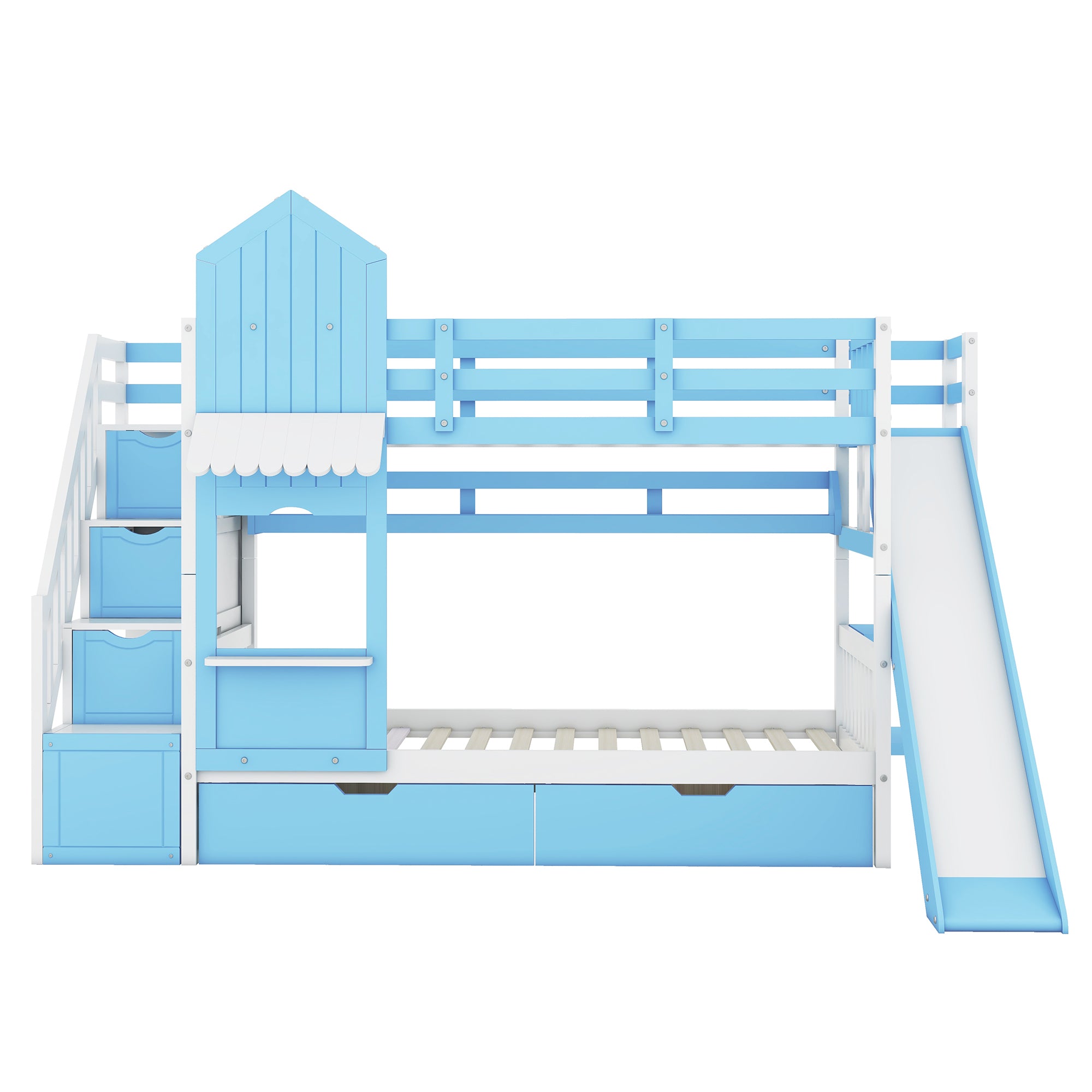 Twin-Over-Twin Castle Style Bunk Bed with 2 Drawers 3 Shelves and Slide - Blue - Atlantic Fine Furniture Melbourne FL