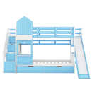 Twin-Over-Twin Castle Style Bunk Bed with 2 Drawers 3 Shelves and Slide - Blue