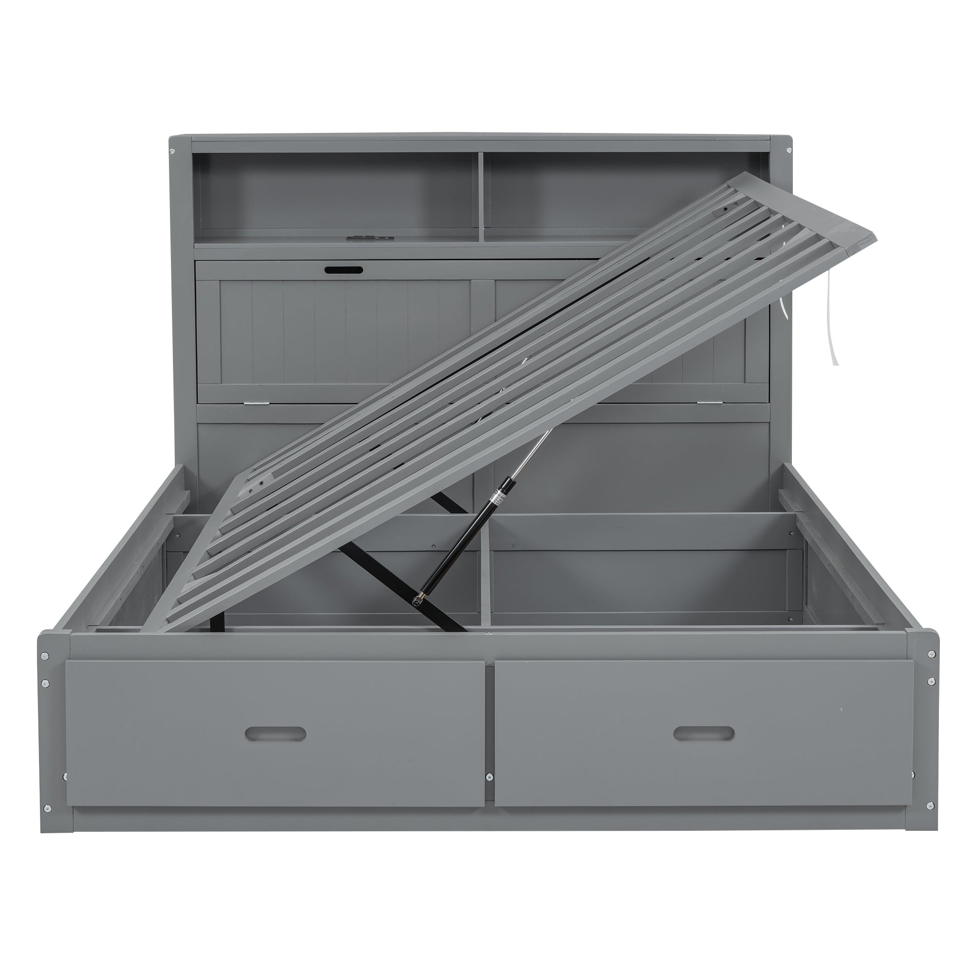 Wood Full Size Hydraulic Platform Bed with Storage LED Headboard, Charging Station and 2 Drawers, Gray - Atlantic Fine Furniture Melbourne FL