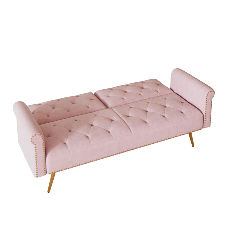 Velvet Nail Head Sofa Bed With Throw Pillow