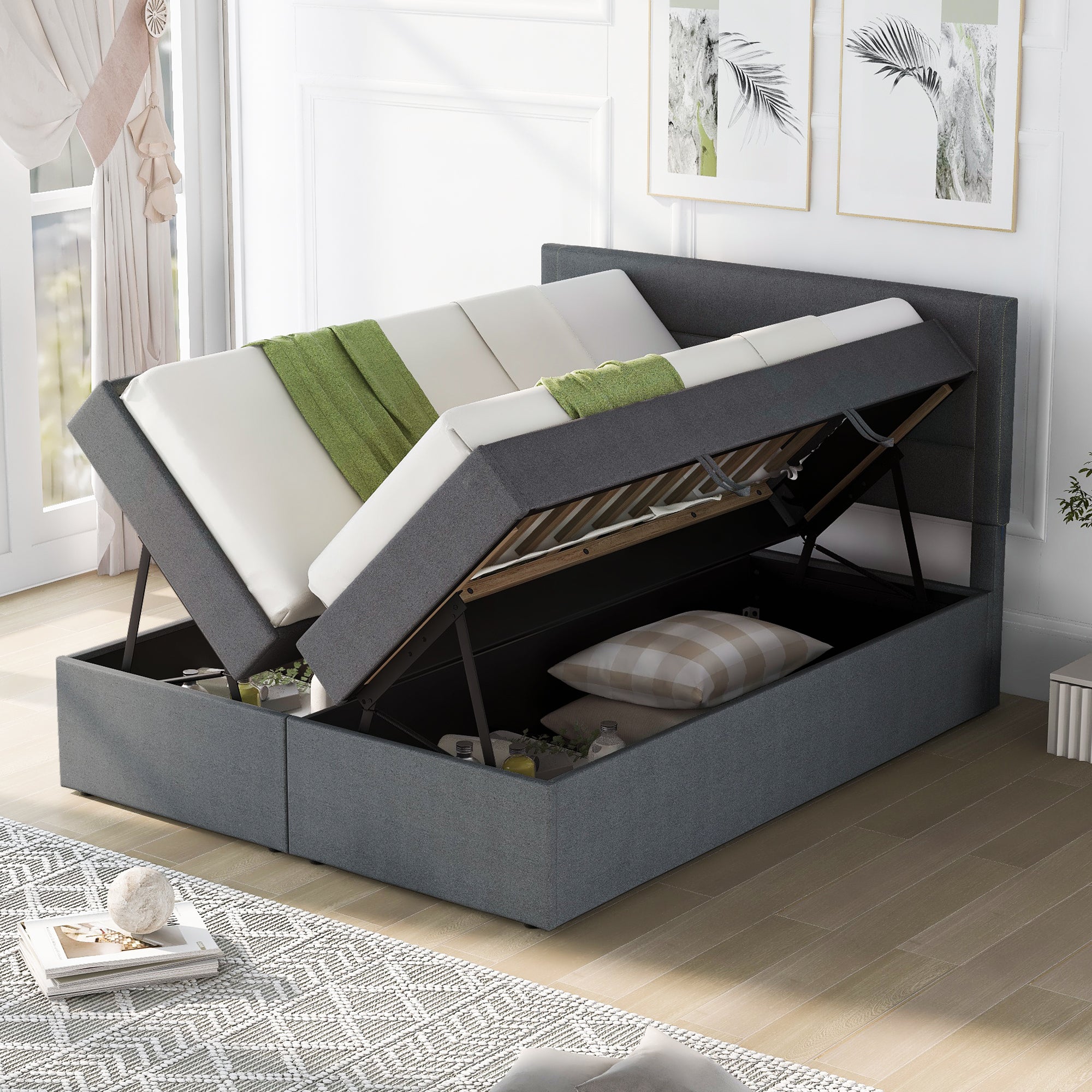 Queen Size Upholstered Platform Bed with Storage Underneath, Gray - Atlantic Fine Furniture Melbourne FL