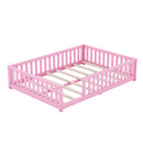 Full Size Bed Floor Bed with Safety Guardrails and Door for Kids, Pink