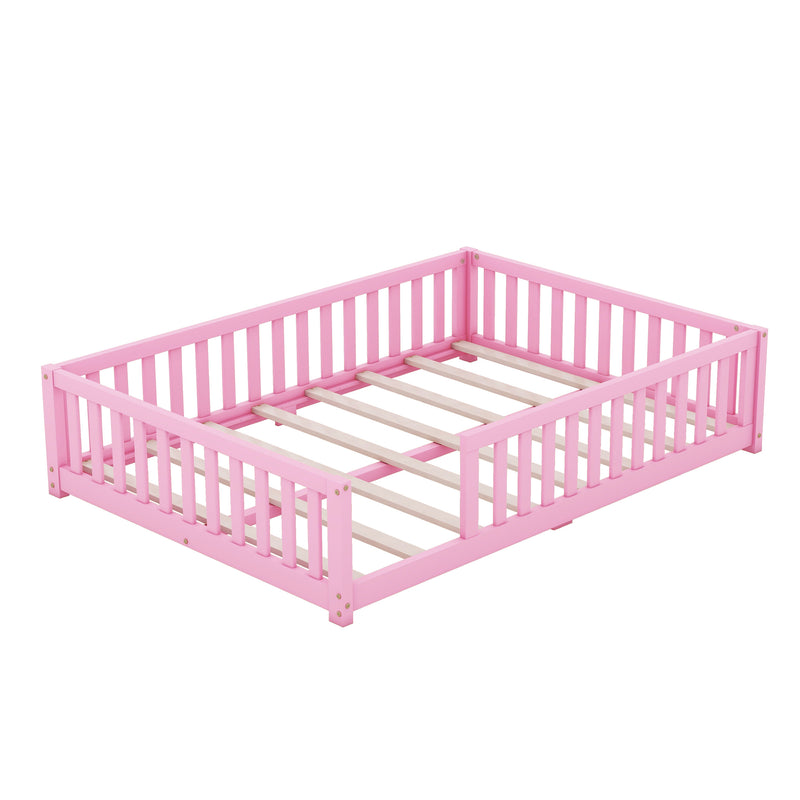 Full Size Bed Floor Bed with Safety Guardrails and Door for Kids, Pink