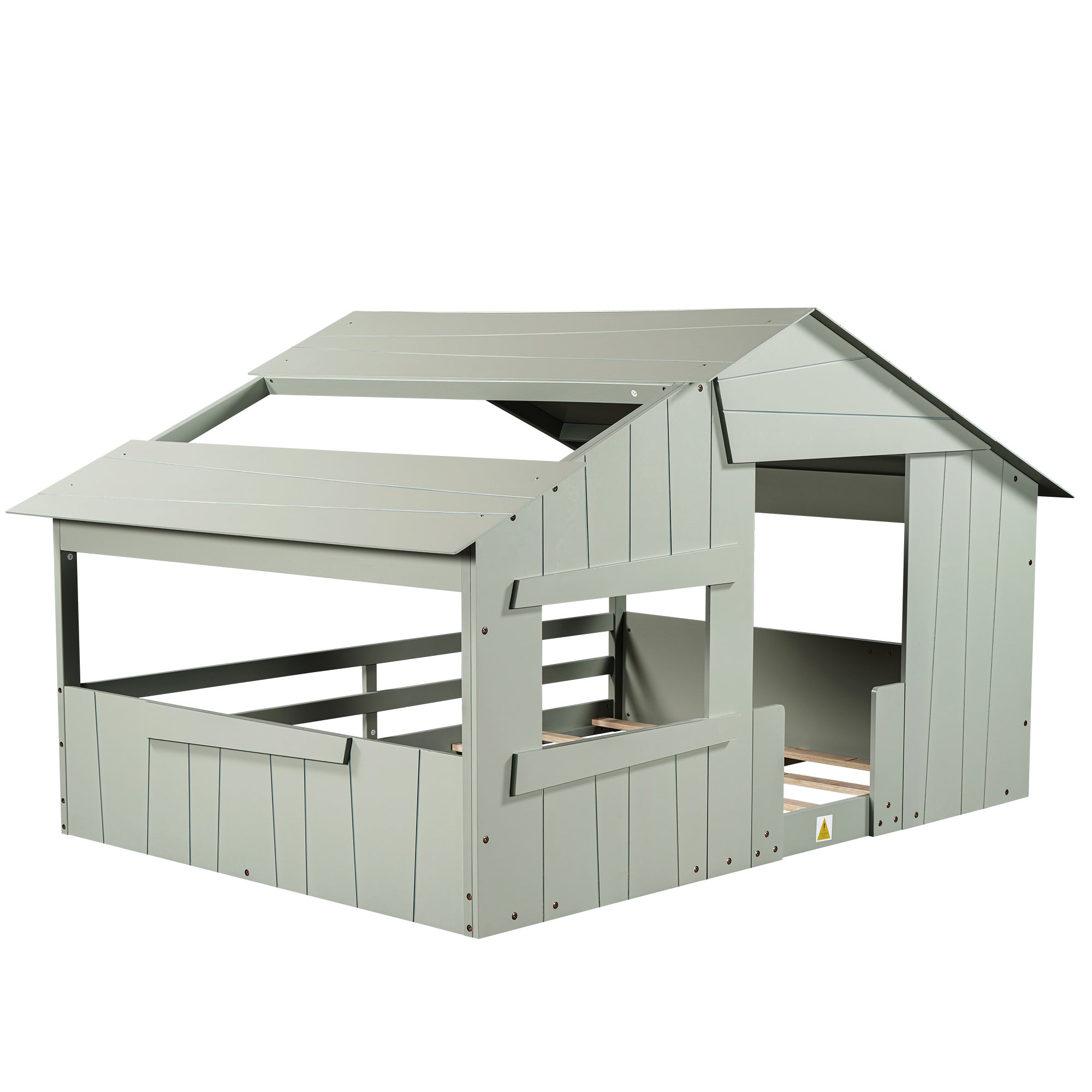 Wood Full Size House Bed with Roof, Window and Guardrail, Light Green - Atlantic Fine Furniture Melbourne FL