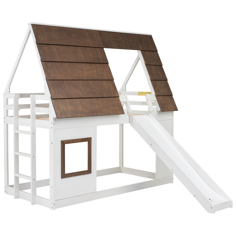 Wood Twin Size House Bunk Bed With Roof, Ladder And Slide - White / Brown