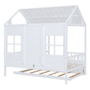 Full Size Wood House Bed With Twin Size Trundle, Wooden Daybed, White