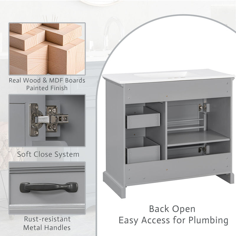 36" Bathroom Vanity With Sink, 2 Tip Out Drawers, Soft Close Hinges
