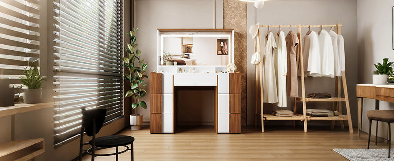 Elegant Vanity Table With Large Lighted Mirror & Power Outlet, Dressing Table With 7 Drawers & Shelves, Vanity Desk With Brown Solid Wood Style Stickers - Brown / White
