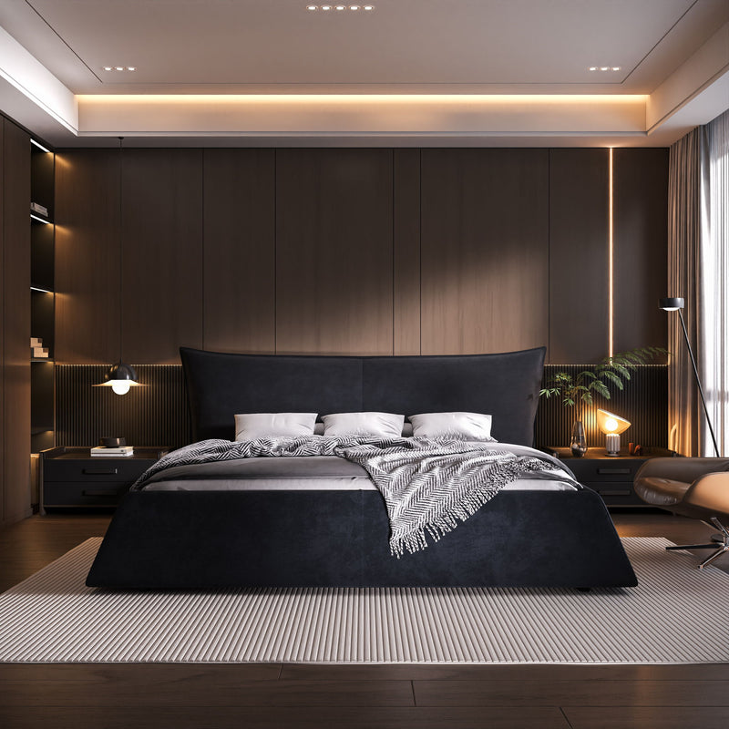 Upholstered Platform Bed With Special Shaped Velvet Headboard