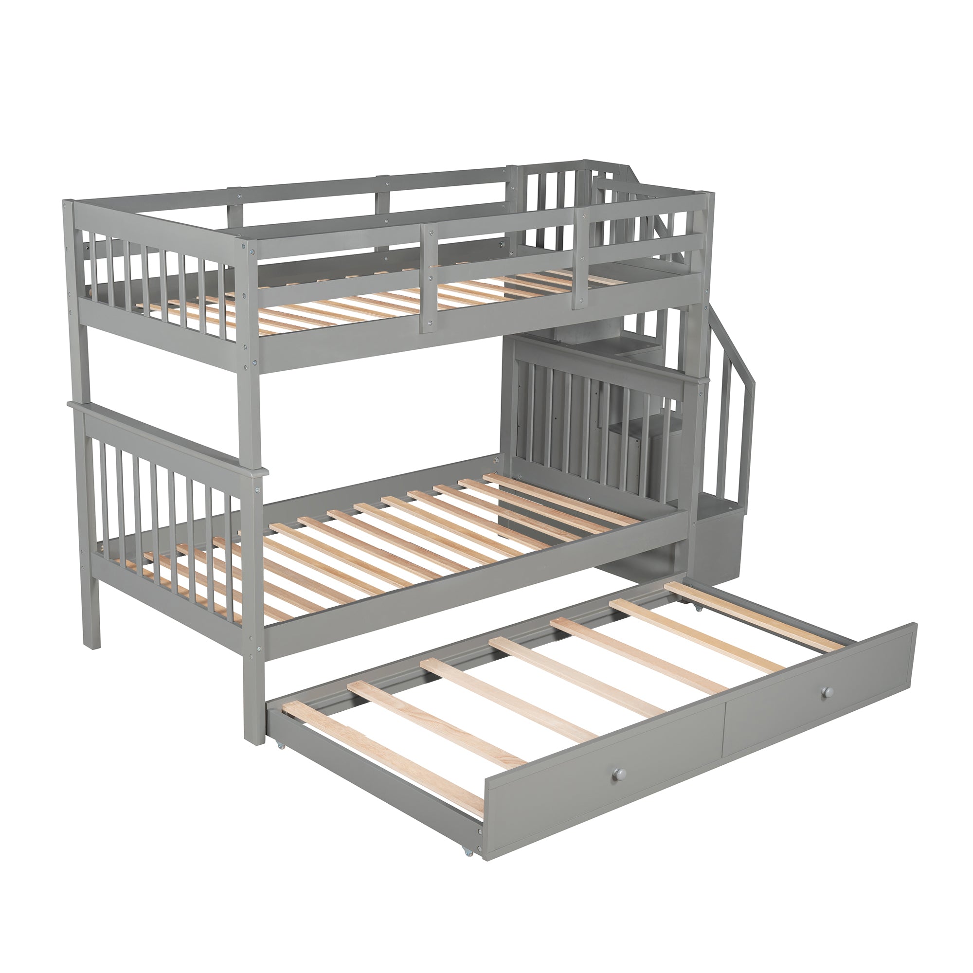 Stairway Twin-Over-Twin Bunk Bed with Twin size Trundle for Bedroom, Dorm, Adults, Gray( old sku: LP000209AAE ) - Atlantic Fine Furniture Melbourne FL