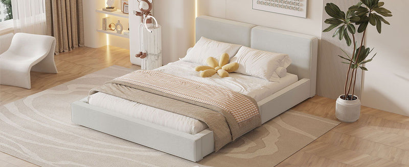 Queen Size Upholstered Platform Bed With , Grounded Bed With Solid Frame