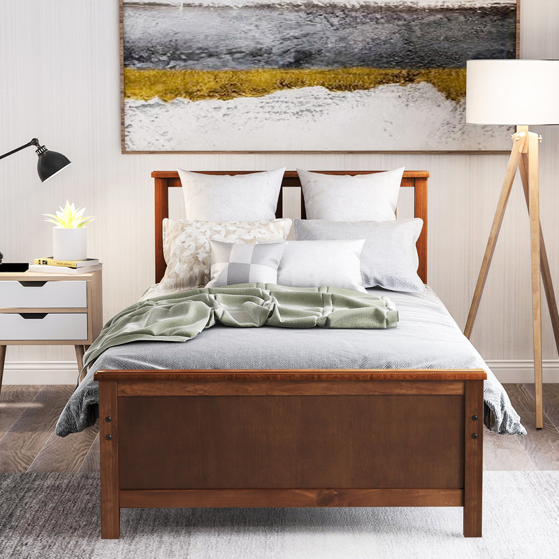 Twin Size Wood Platform Bed with Headboard,Footboard and Wood Slat Support, Walnut