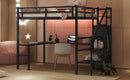 Full XL Size Loft Bed with L-shaped Desk and USB, Metal Loft Bed with Wardrobe and Adjustable Shelf, High Loft Bed with LED for Kids Teens Adults, Black