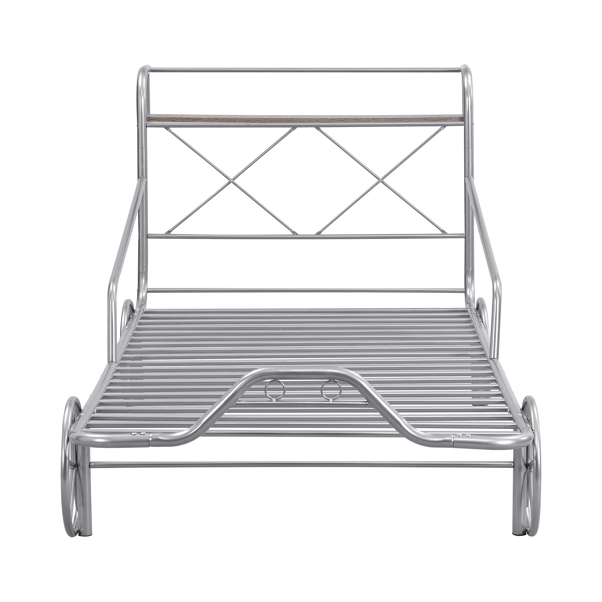 Twin Size Metal Car Bed with Four Wheels, Guardrails and  X-Shaped Frame Shelf, Silver(Old SKU: MF297599AAN) - Atlantic Fine Furniture Melbourne FL