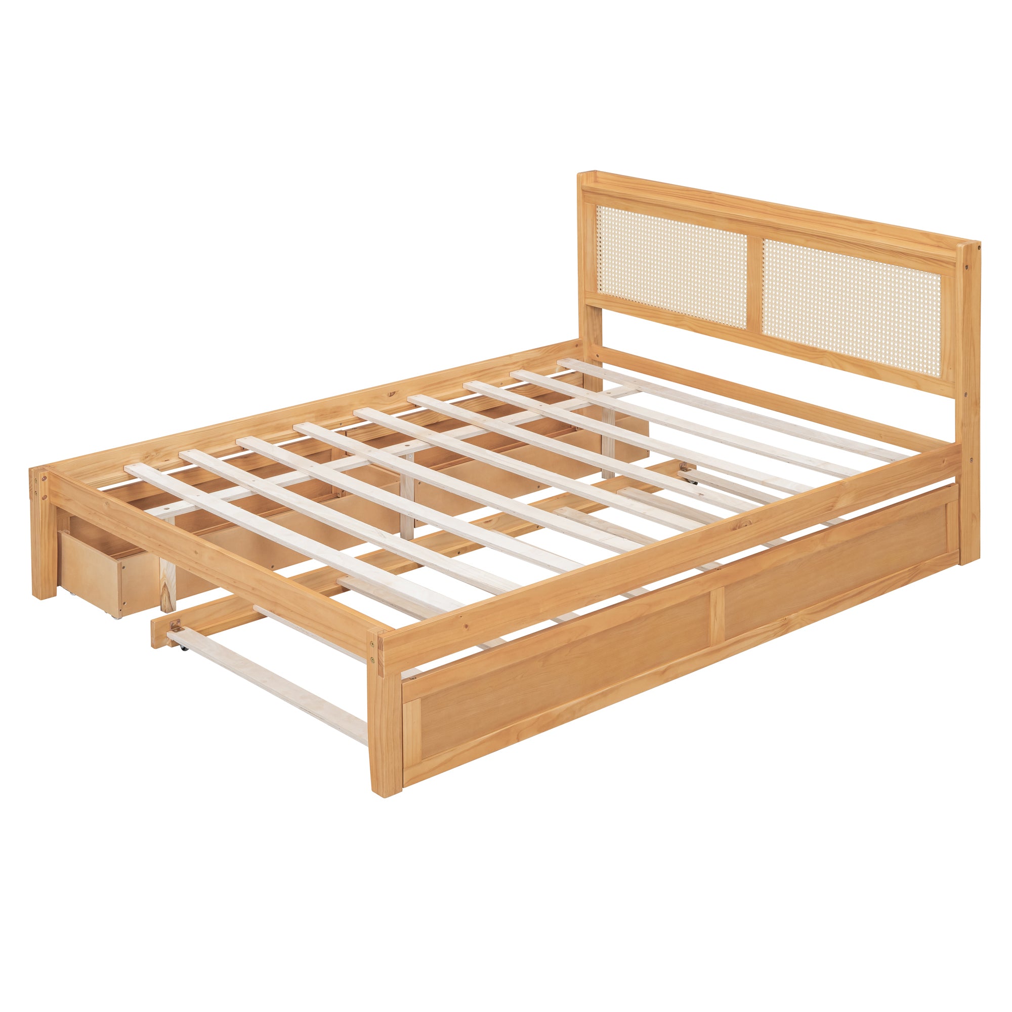 Queen Size Elegant Bed Frame with Rattan Headboard and Sockets ,Walnut - Atlantic Fine Furniture Melbourne FL