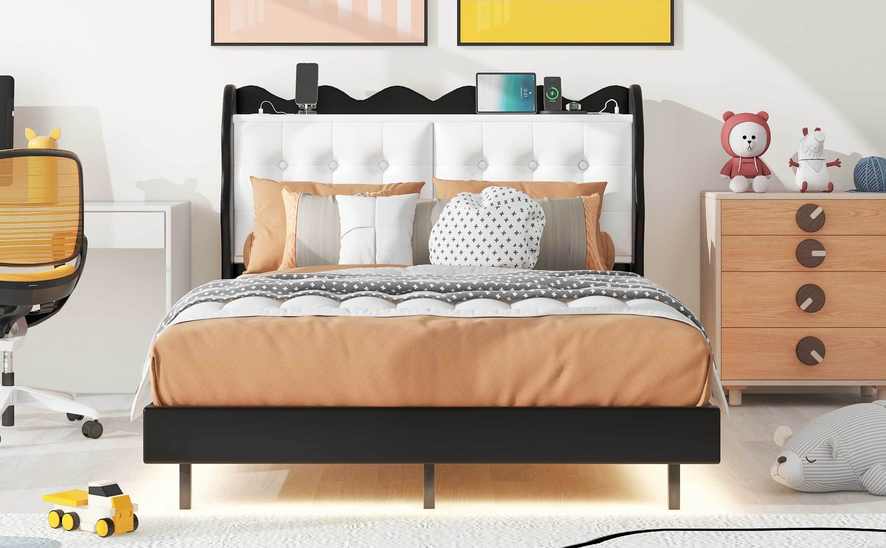 Full Size Upholstery Platform Bed Frame with LED Light Strips and Built-in Storage Space,Black - Atlantic Fine Furniture Melbourne FL