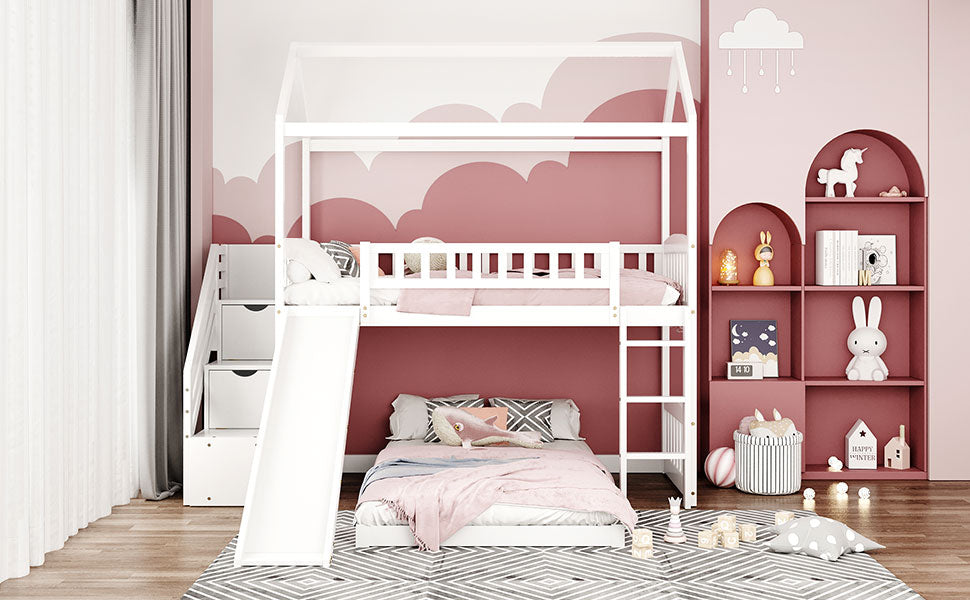 Twin Over Twin Bunk Bed with Two Drawers and Slide, House Bed with Slide, White(OLD SKU :LP000129AAK) - Atlantic Fine Furniture Melbourne FL