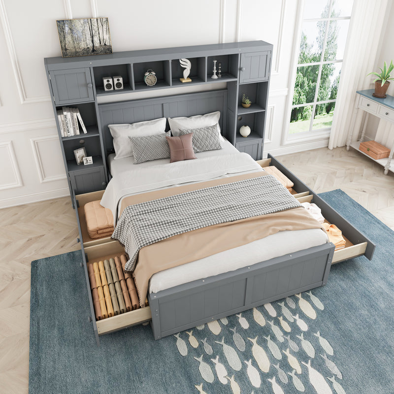 Elegant and Functional Full Size Wood Bed with 4 Drawers and All-in-One Cabinet and Shelf, Grey