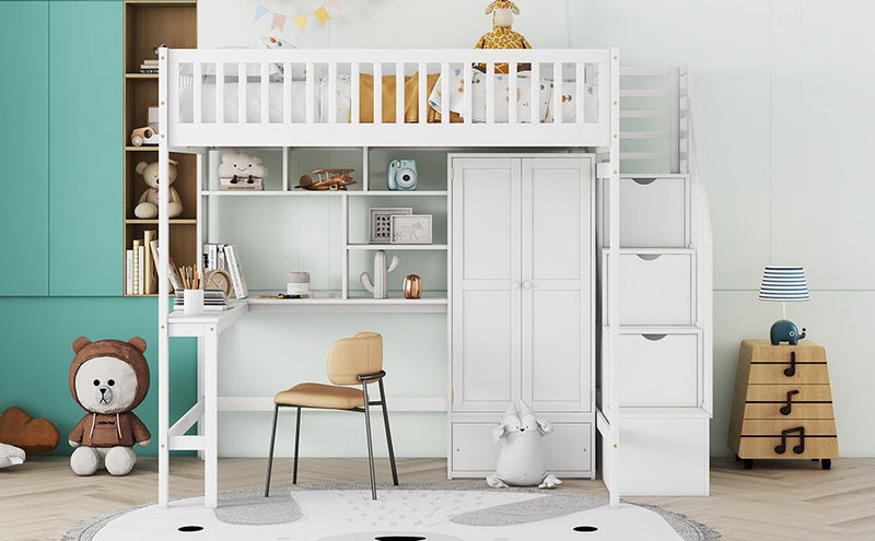 Full Size Loft Bed With Bookshelf, Drawers, Desk, And Wardrobe