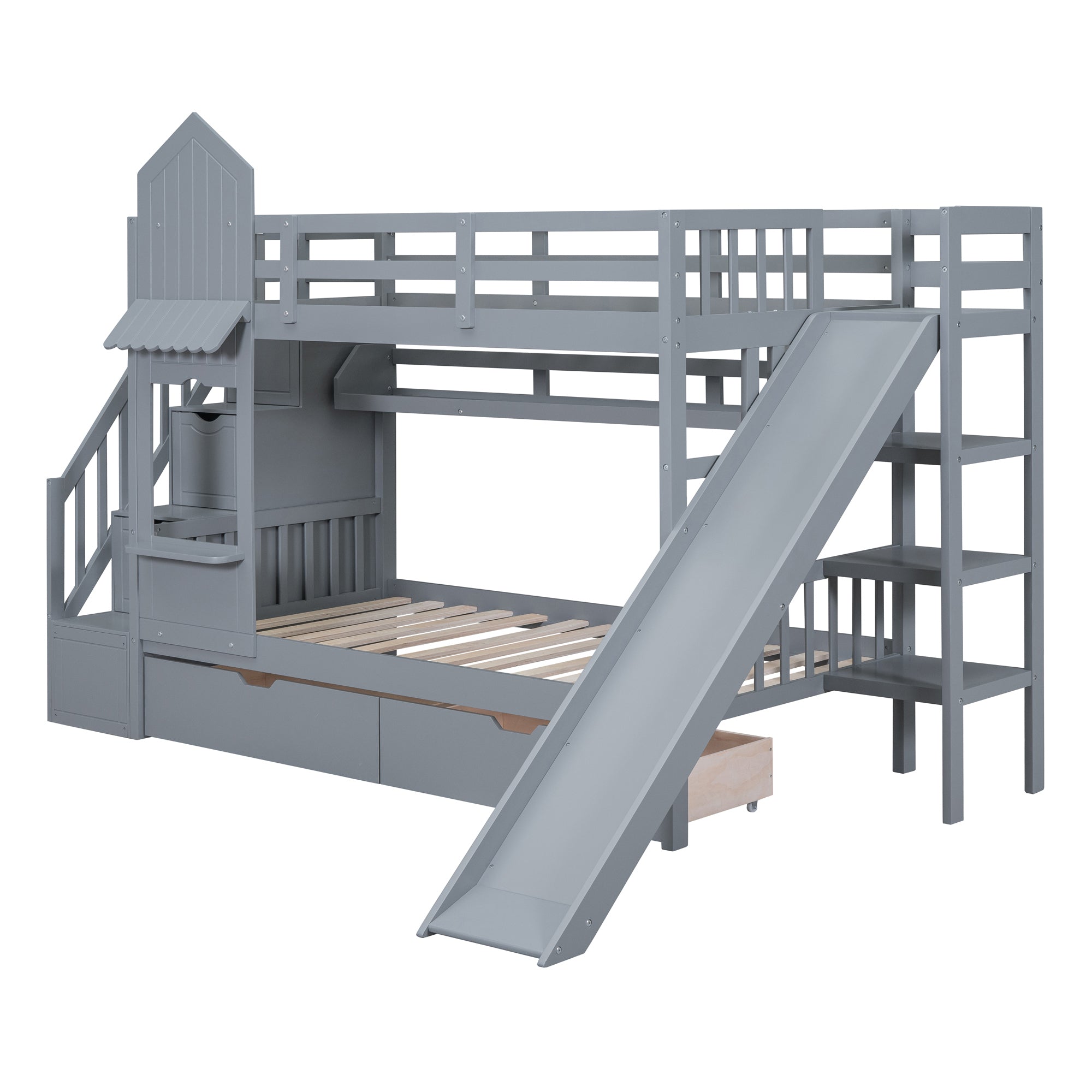 Twin-Over-Twin Castle Style Bunk Bed with 2 Drawers 3 Shelves and Slide - Gray - Atlantic Fine Furniture Melbourne FL