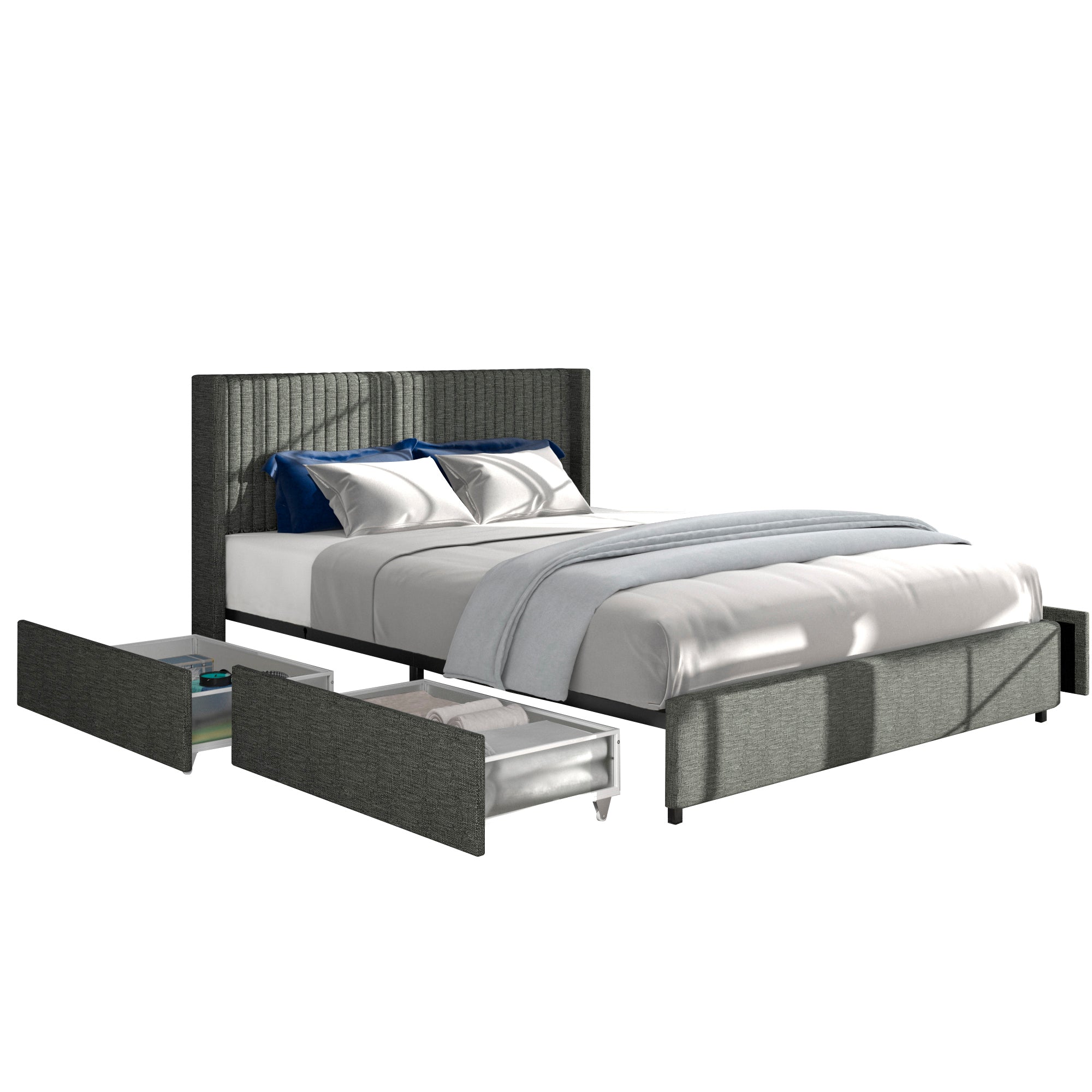 Anna Full Size Gray Linen Upholstered Wingback Platform Bed with Patented 4 Drawers Storage, Modern Design Headboard with Tight Channel, Wooden Slat Mattress Support No Box Spring Needed - Atlantic Fine Furniture Melbourne FL