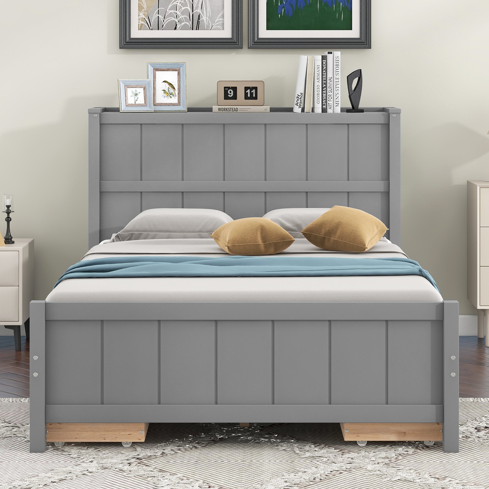 Full Size Platform Bed with Drawers and Storage Shelves, Gray - Atlantic Fine Furniture Melbourne FL