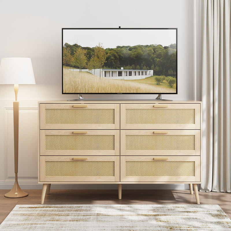 Rattan 6 Drawers Chest Of Dressers For Bedroom, Modern 6 Drawer Dresser, Wide Chest Of Drawers With Wood Handles, Rattan Dresser Storage Cabinet For Living Room, Bedroom, Hallway - Natural Wood / Oak