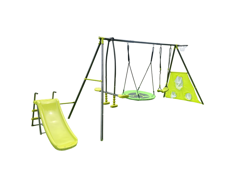 Interesting Six Function Swingset With Net Swing Metal Plastic Safe Swing Set 440Lbs For Outdoor Playground For Age 3+ With 31.5" Net Swing - Gray / Blue