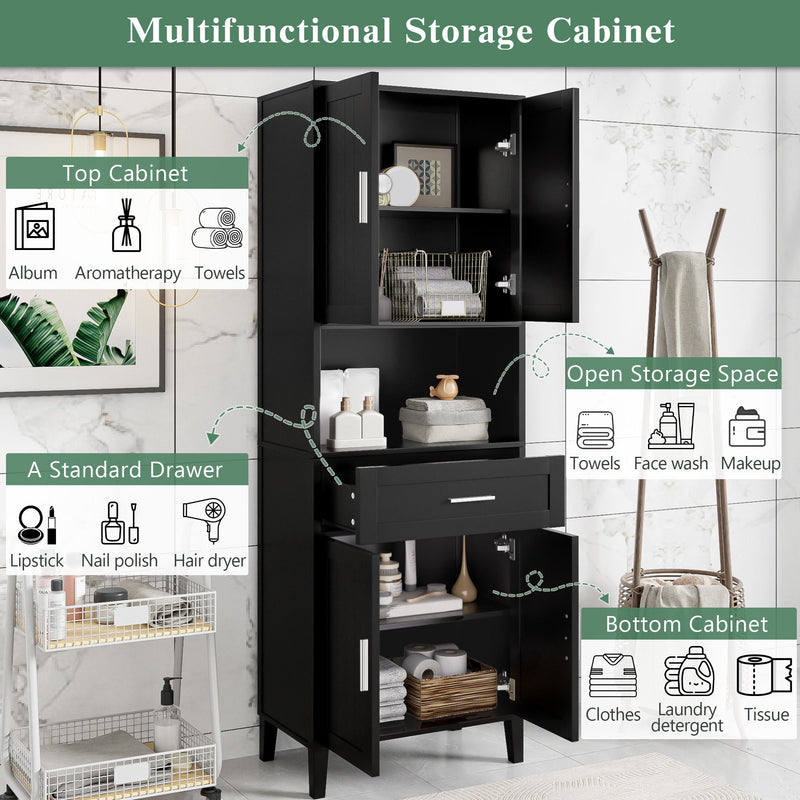 Freestanding Tall Bathroom Cabinet With Soft Close Doors And Adjustable Shelves - Black