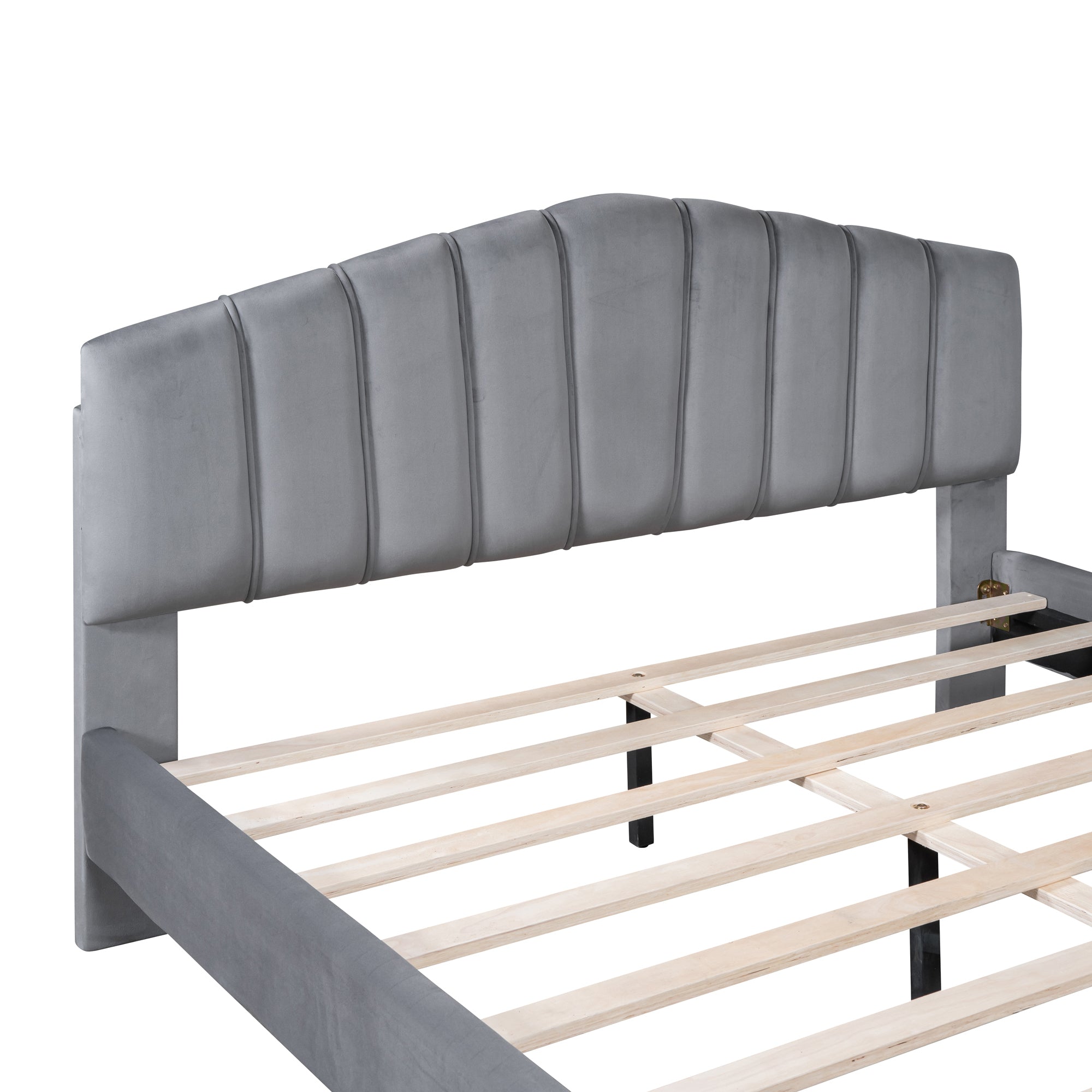 Queen Size Velvet Platform Bed with Thick Fabric, Stylish Stripe Decorated Bedboard and Elegant Metal Bed Leg, Gray - Atlantic Fine Furniture Melbourne FL