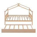 Full Size Wooden House Bed with Twin Size Trundle, Natural