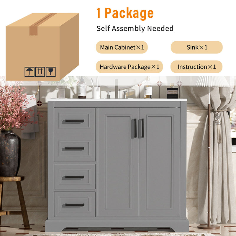Bathroom Vanity With Sink, Soft Close Doors, Adjustable Shelf & 3 Drawers