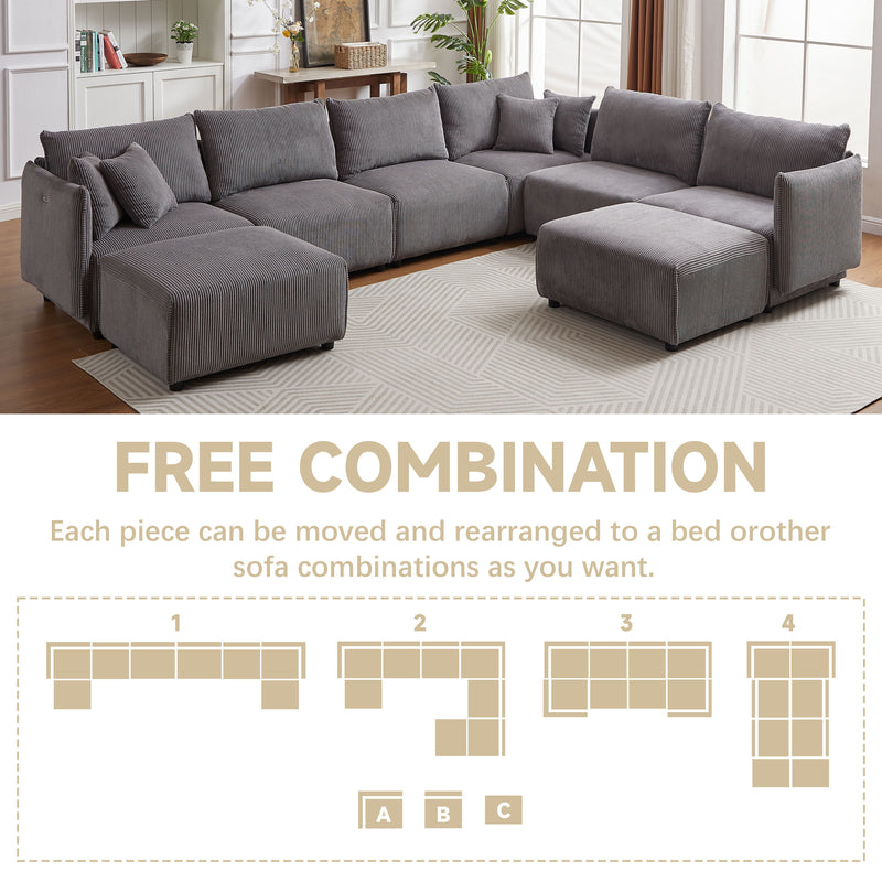 Multi-Module Combination Style Sofa For Living Room, Bedroom And Other Lounge Spaces, Modern Minimalist Corduroy Combination Sofa With 2 Comfort Cushions With USB & C Charging Ports, Two Sets