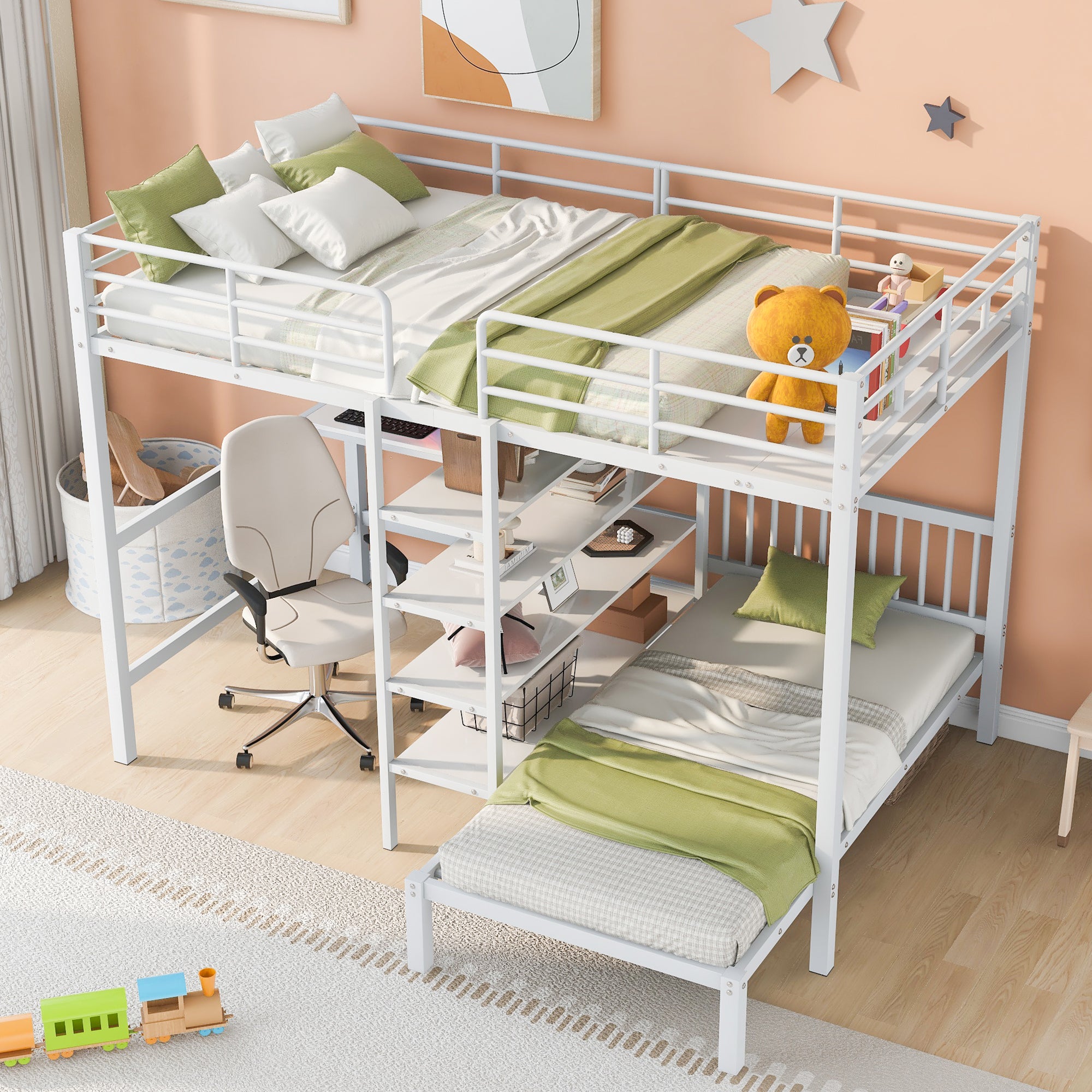 Full Over Twin Metal Bunk Bed with Built-in Desk, Shelves and Ladder, White - Atlantic Fine Furniture Melbourne FL