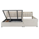 Queen Size & Twin XL Size Upholstered Platform Bed, Mother & Child Bed with Hydraulic Storage System, Drawer Box, Bedhead storage shelf and Two pairs of sockets & USB Ports, PU Leather, Beige